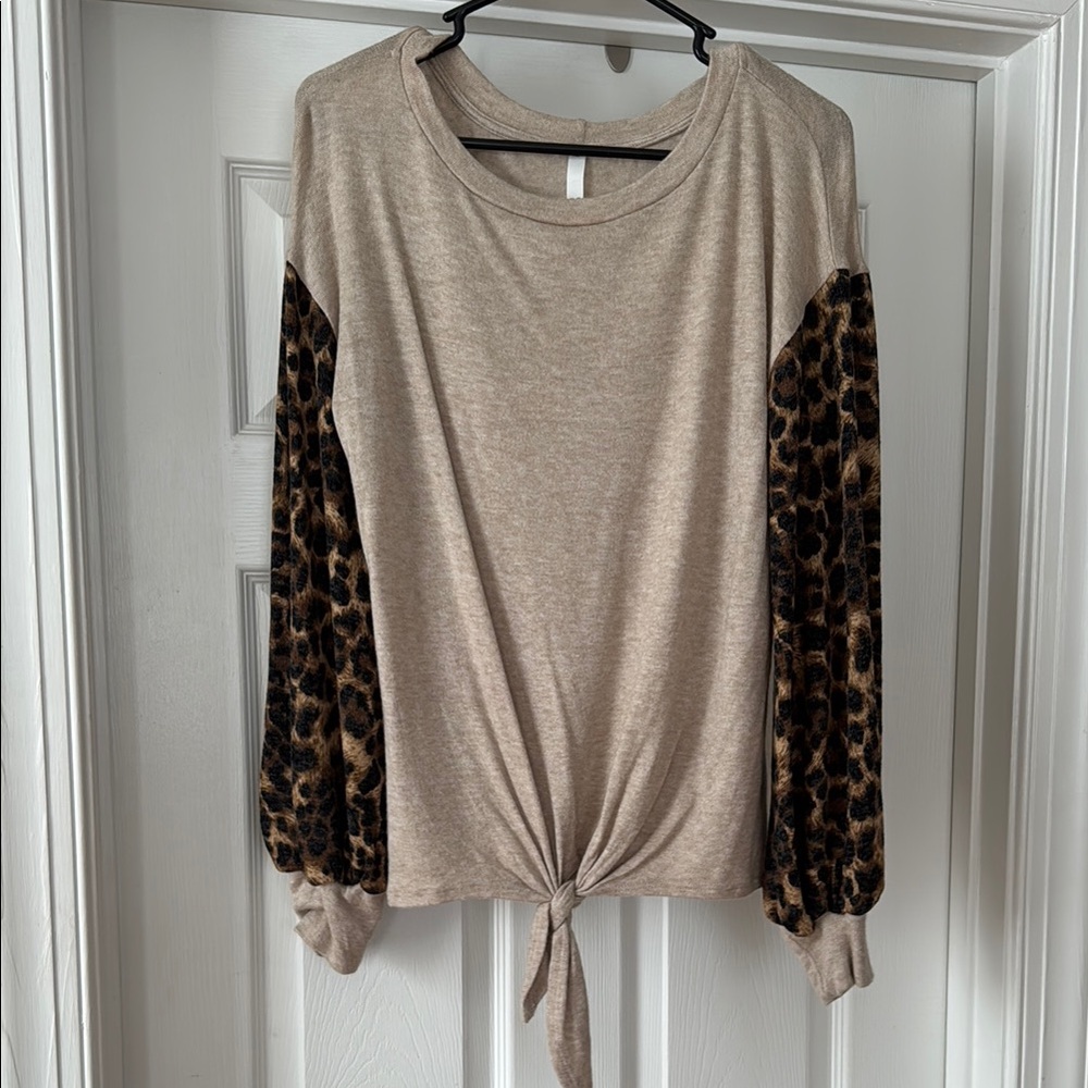 Leopard Sleeve Tie-Front Top - Tan